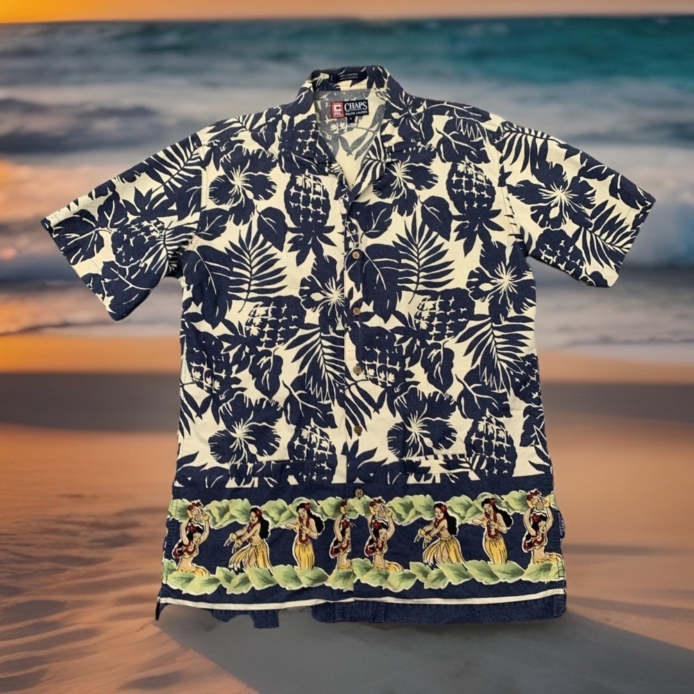 VTG Ralph Lauren Chaps Hawaiian Shirt Button Up 2 Pocket Cabana Hula Pineapple M